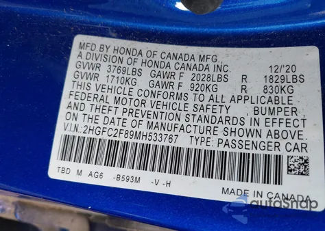 2021 Honda Civic Sport из США, поврежденный, VIN 2HGFC2F89MH533767